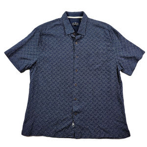 Nat Nast Silk Blend Short Sleeve Shirt Mens Large Navy Blue Geometric Pattern